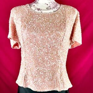 Vintage Pink Sequin Beaded Silk Top Blouse Scala Large Coquette Glam‎ 80s 90s